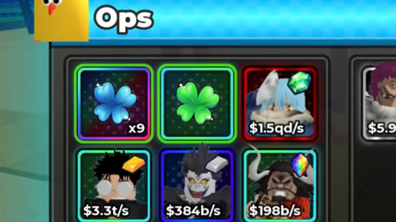 Anime Dice trade window detail showing the left offer grid with a blue four-leaf item stamped x9, a green clover with no caption beside it, and unit cards below each printing a cash-per-second caption, with the first tile of the other half's offer at the right edge