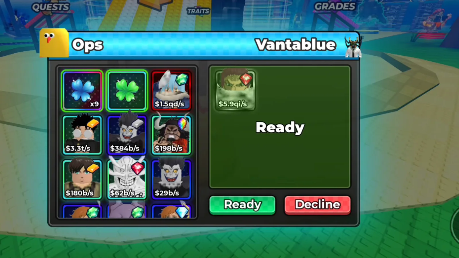 The Anime Dice trade window with the right half washed in translucent green and the word Ready centred over it, while the left grid is still plain and the buttons still read Ready and Decline