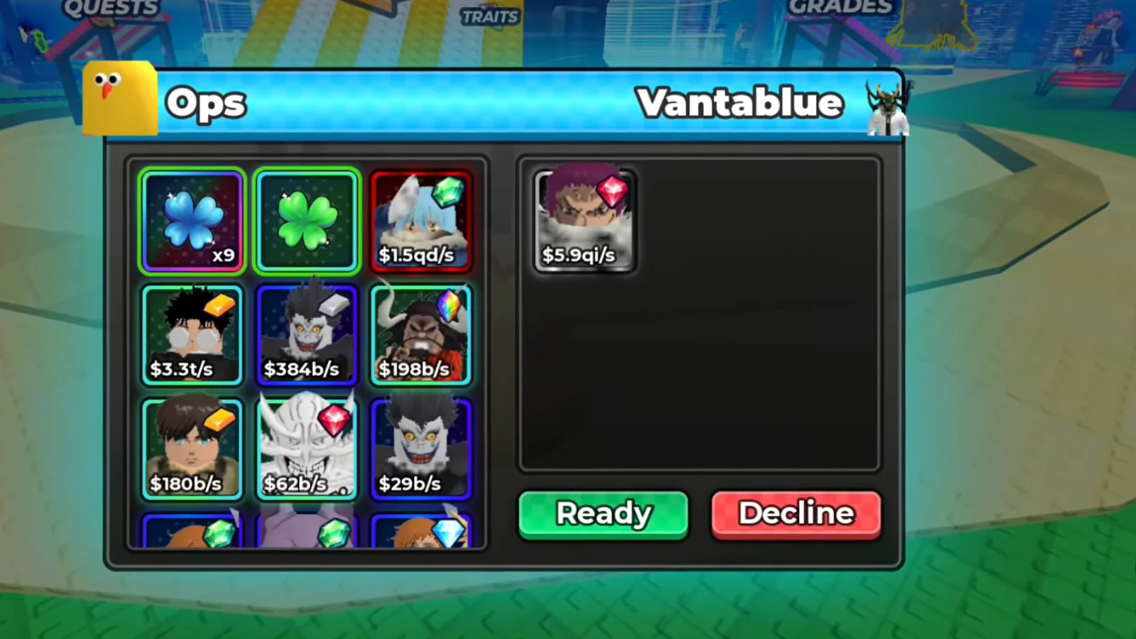 The Anime Dice trade window with Ops and Vantablue named across its title bar, a three-wide grid of unit and item tiles on the left, a single tile on the right, and green Ready and red Decline buttons