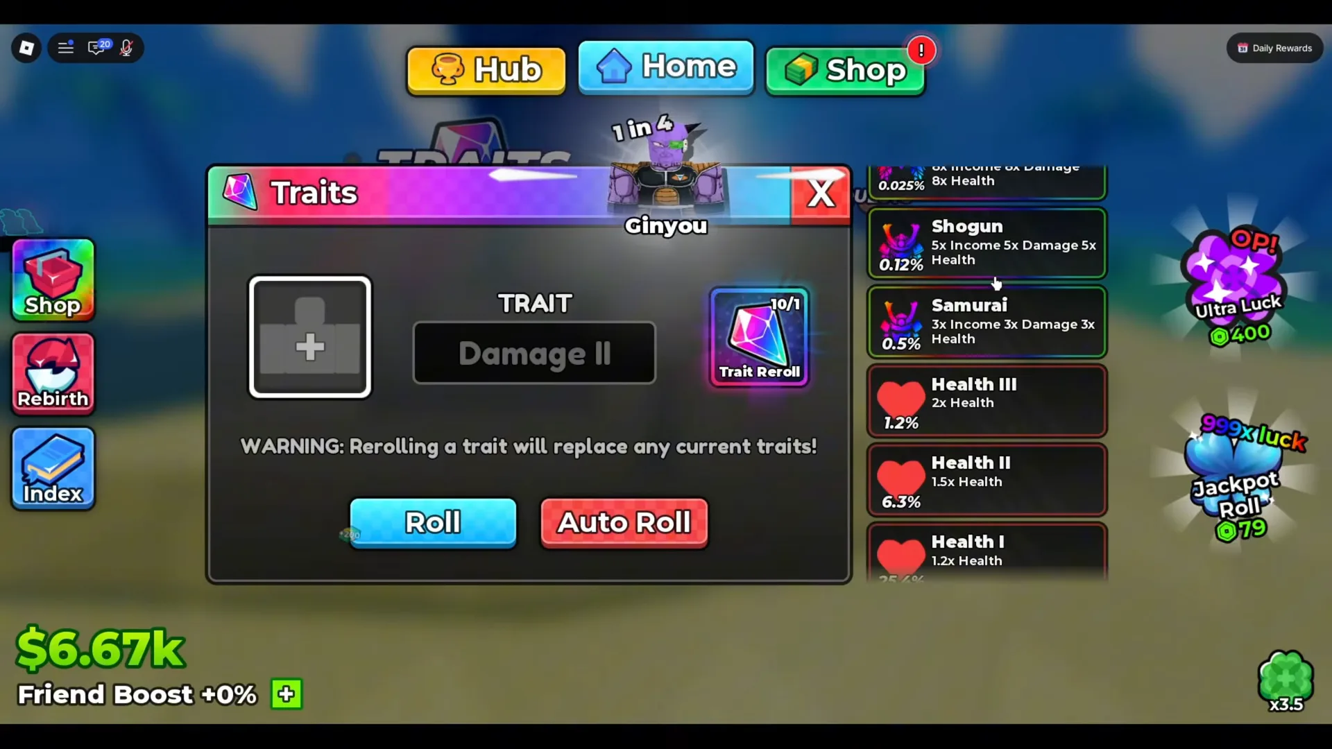 Tres-stat arriba; familias mono-stat repiten patrón 1,2 / 6,3 / 25,4% Panel Traits desplazado junto a Ginyou listando Shogun, Samurai y tiers Health con multiplicadores