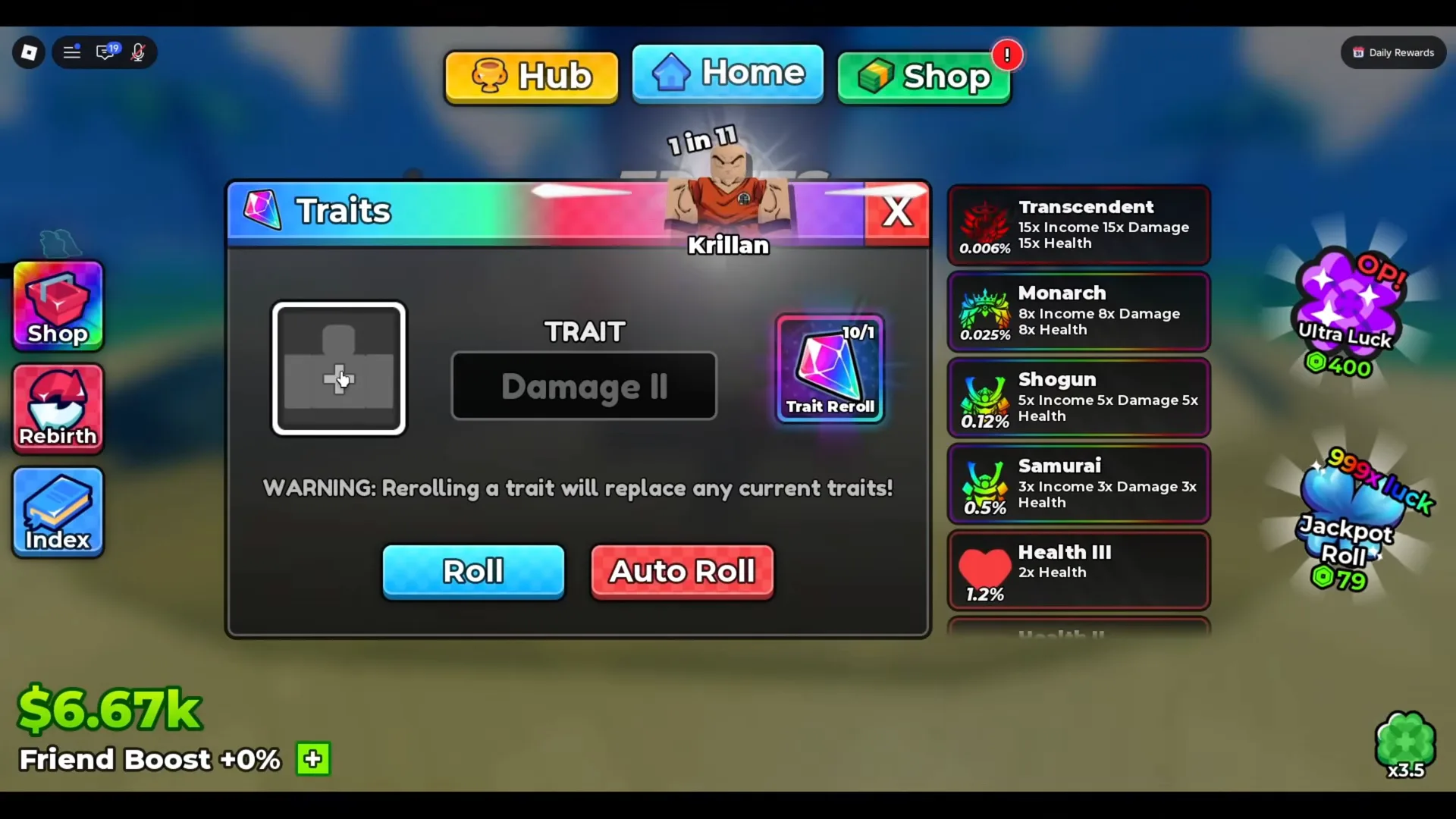 Sistema completo: rasgo actual, cartera de reroll, Roll/Auto Roll y escalera con % Panel Traits abierto en Krillan con rasgo Damage II, contador Trait Reroll 10/1 y escalera desde Transcendent a Health III