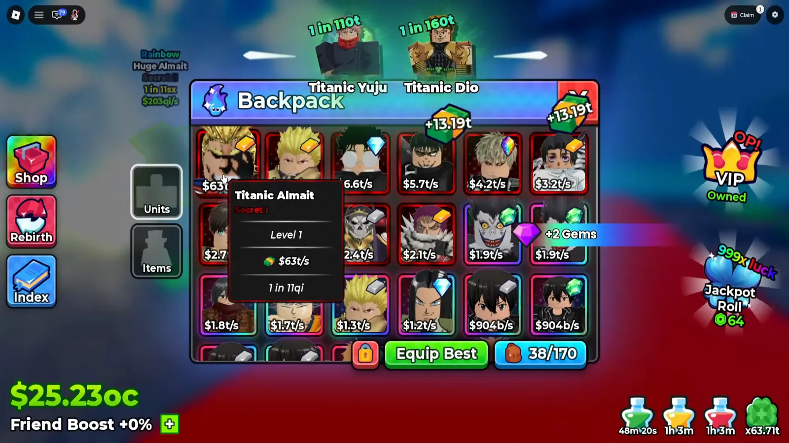 The inventory, which the Index is not: Units and Items tabs, an Equip Best button, a 38/170 capacity counter and a copy that costs ten thousand times more than the catalogue entry The Anime Dice Backpack panel on its Units tab showing a grid of owned unit cards with income labels, a tooltip naming the hovered card Titanic Almait with the word Secret I, Level 1, $63t/s and 1 in 11qi, an Equip Best button and a 38/170 capacity counter, while the roll feed in the top-left corner logs a Rainbow Huge Almait at 1 in 11sx
