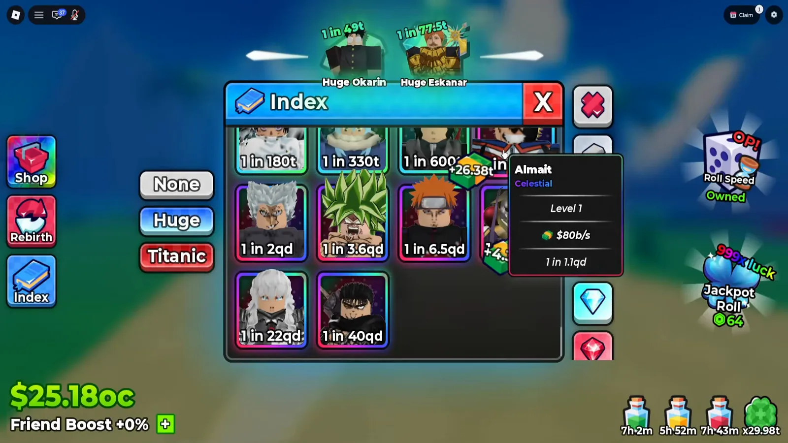 The end of the ladder — two cards in the last row, and the empty slots that prove it is the end The Anime Dice Index panel scrolled to the bottom of its unit ladder with the final row holding only two cards at 1 in 22qd and 1 in 40qd beside empty slots, and a tooltip open on the 1 in 1.1qd card naming it Almait with the word Celestial, Level 1, $80b/s and 1 in 1.1qd