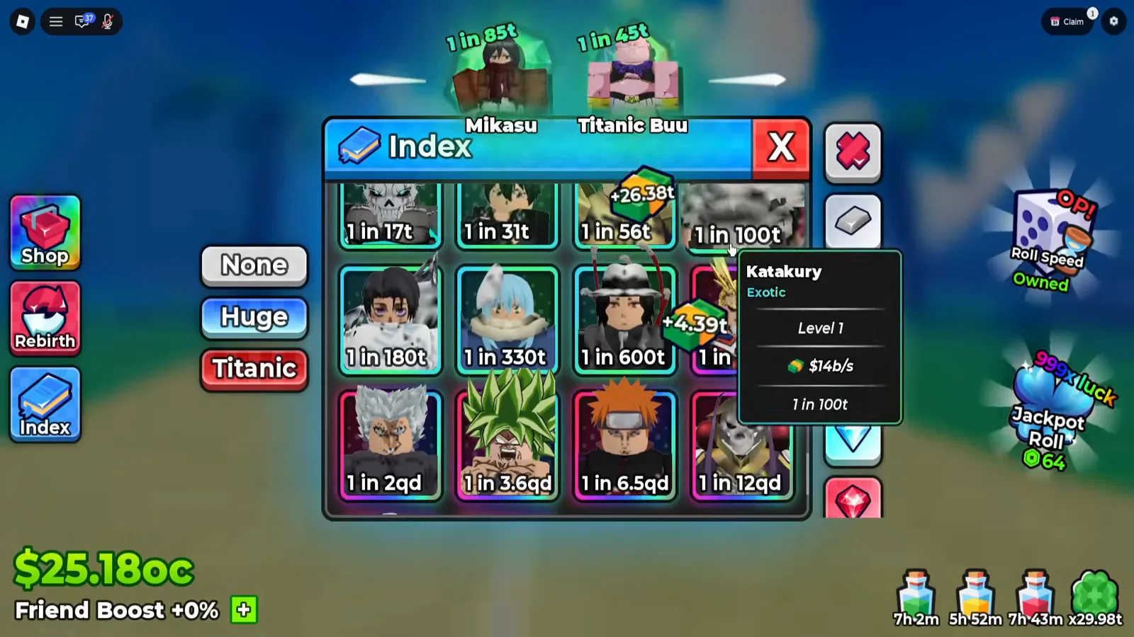 The one Exotic reading we captured, at the point where the ladder turns from trillions into quadrillions The Anime Dice Index panel mid-ladder with a row of teal-bordered cards at 1 in 17t, 1 in 31t, 1 in 56t and 1 in 100t and a tooltip open on the last of them naming it Katakury with the word Exotic, Level 1, $14b/s and 1 in 100t