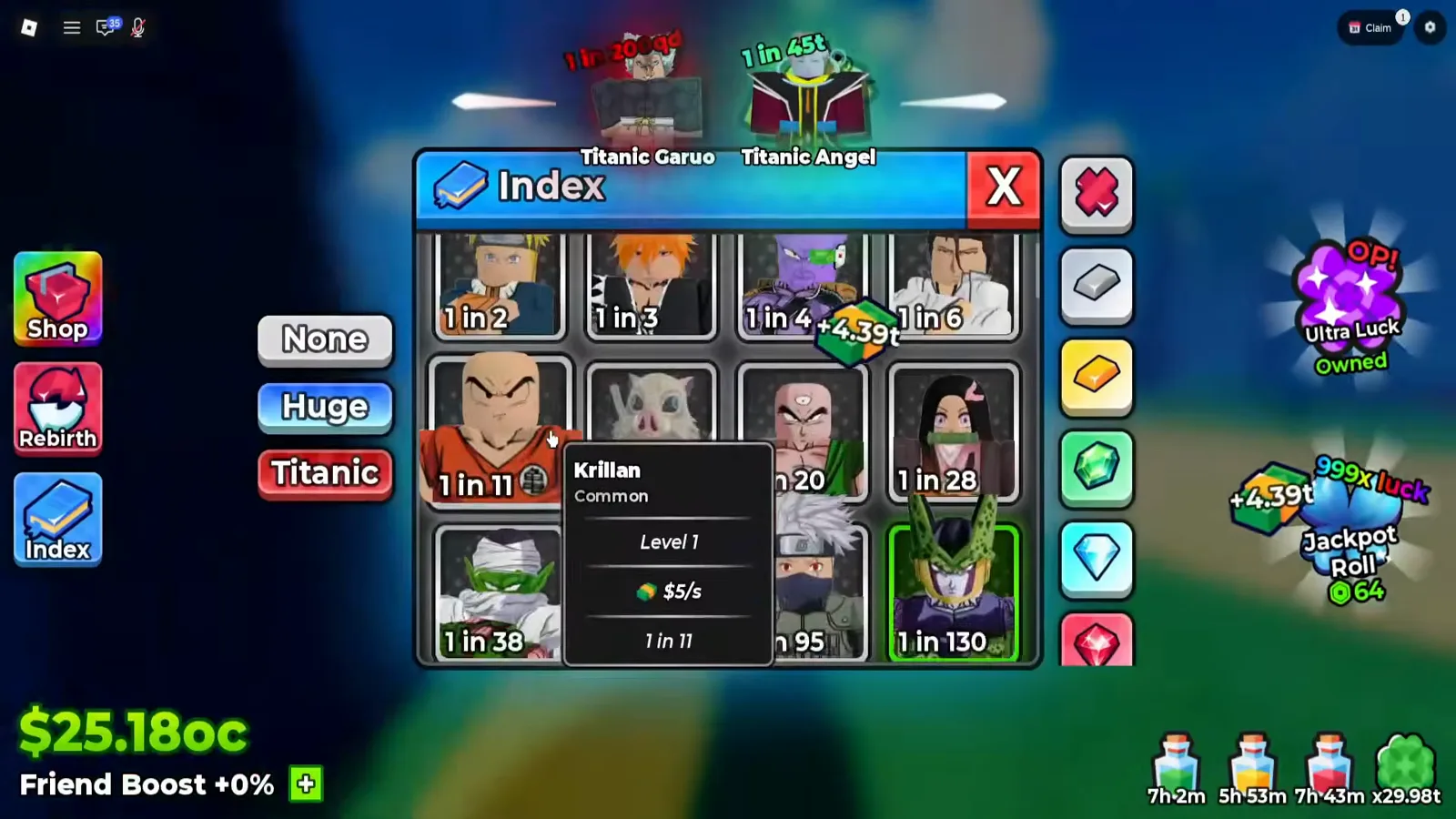 The head of the ladder: the cheapest units are one in two rolls, and Titanic is already red-framed here The Anime Dice Index panel open at the very top of its unit ladder with cards reading 1 in 2, 1 in 3, 1 in 4, 1 in 6, 1 in 11, 1 in 20, 1 in 28, 1 in 38, 1 in 95 and 1 in 130, and a tooltip naming the hovered card Krillan with the word Common, Level 1, $5/s and 1 in 11