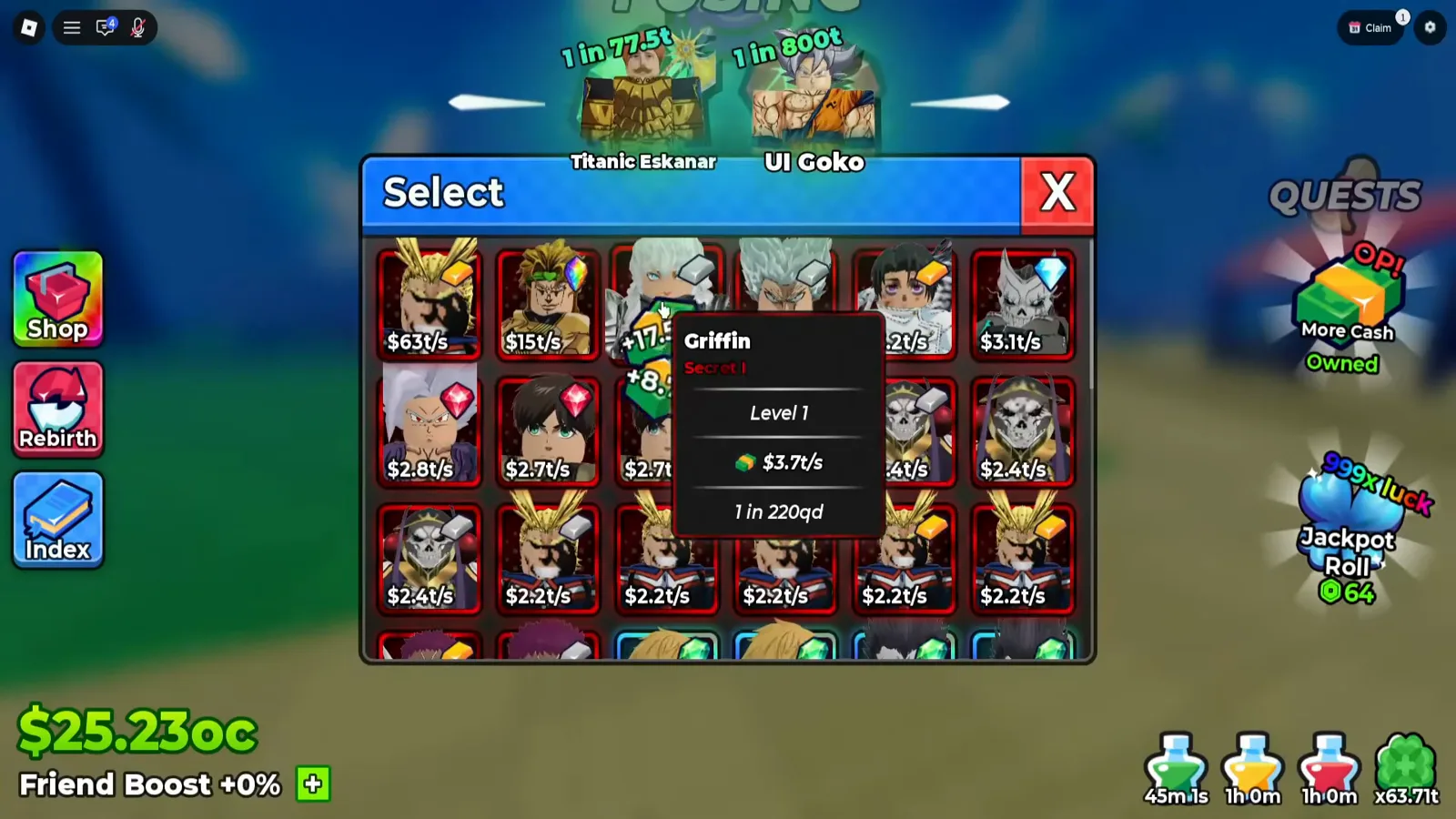 The second character with two identities — and a number five rows beyond the ceiling of the Index list The Anime Dice Select roster with a tooltip open on a Griffin card printing Secret I, Level 1, $3.7t per second and 1 in 220qd, over a grid of owned unit cards and beneath hub nameplates reading Titanic Eskanar 1 in 77.5t and UI Goko 1 in 800t