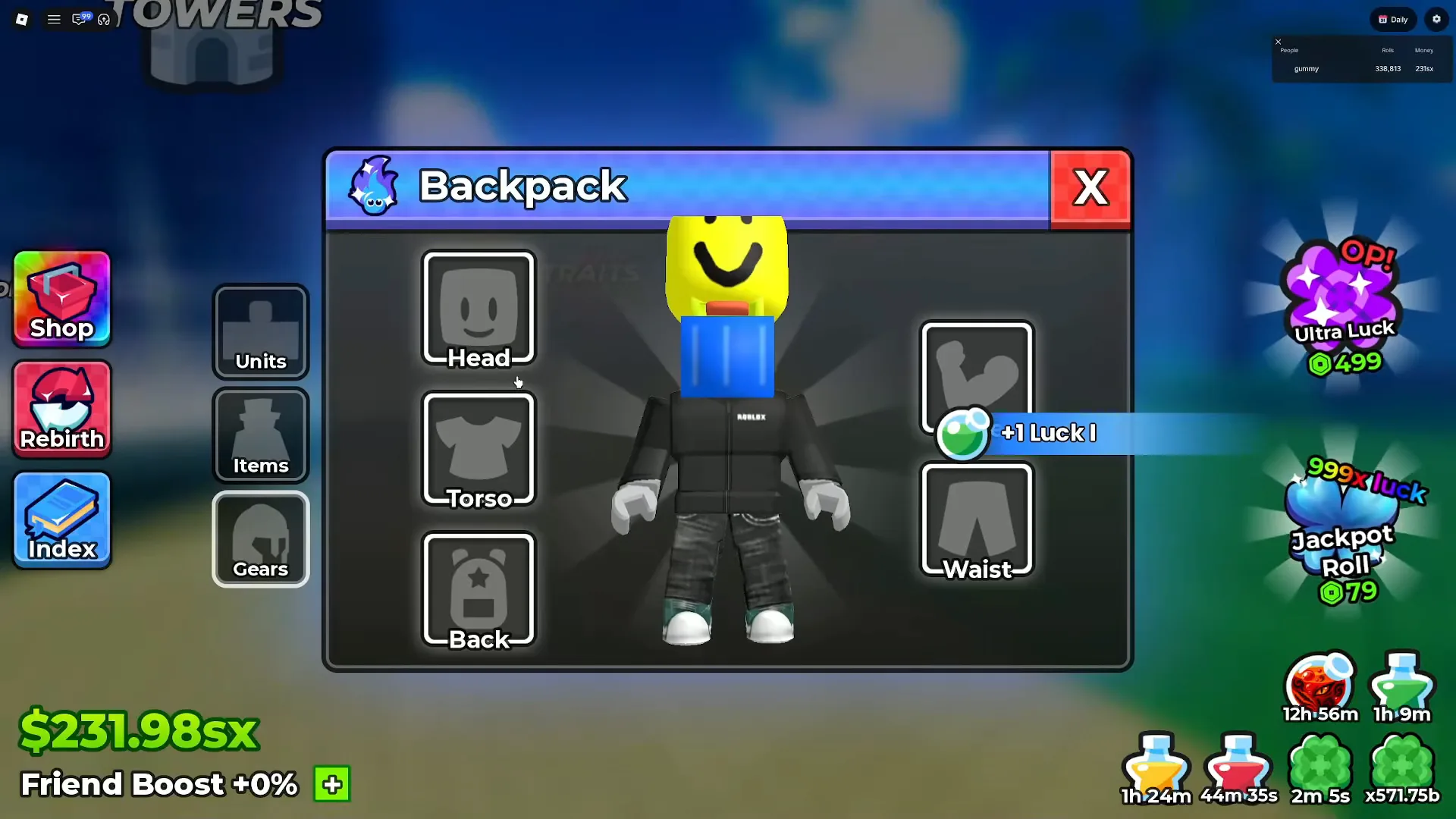 The Anime Dice Backpack panel with its Gears tab selected on the UPD 6 build, showing five empty equipment outlines labelled Head, Torso, Back, Upper and Waist arranged around the player's avatar