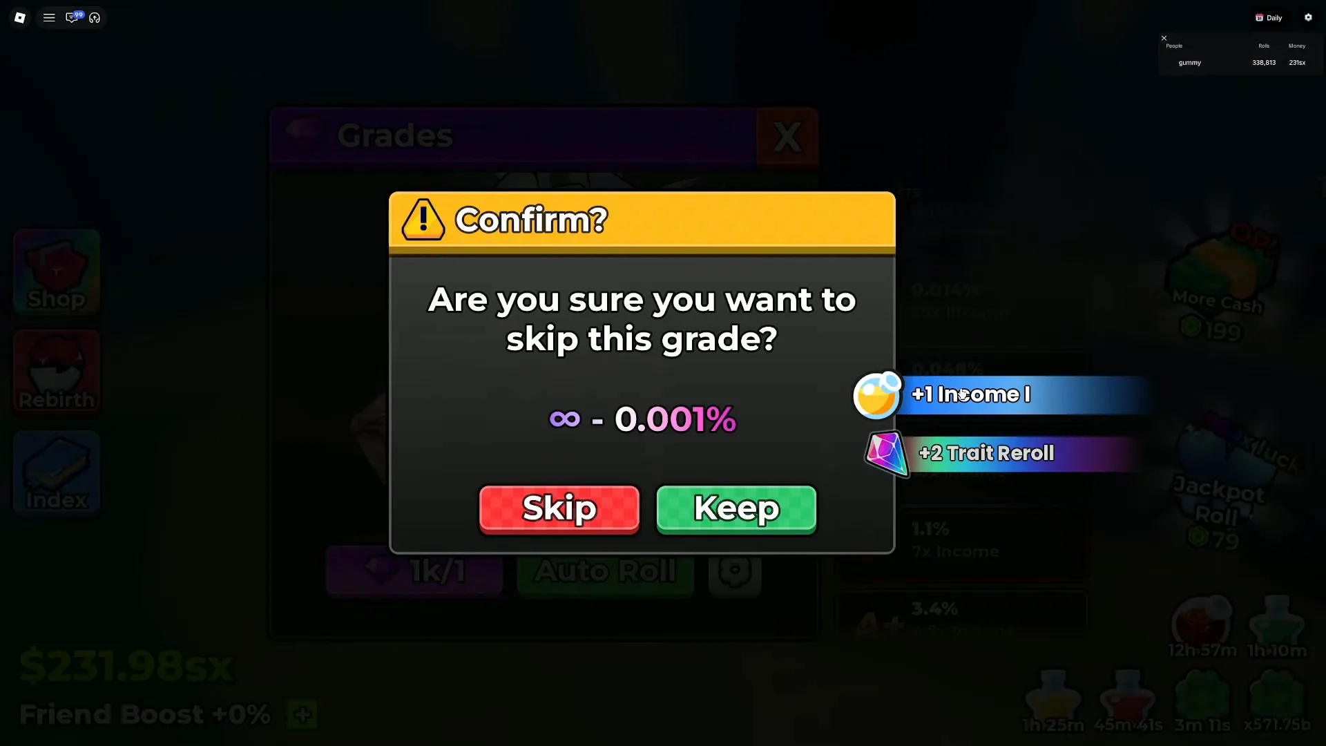 Anime Dice's Confirm dialog asking Are you sure you want to skip this grade, printing the target grade and its odds as an infinity symbol followed by 0.001 percent, with a red Skip button and a green Keep button beneath it