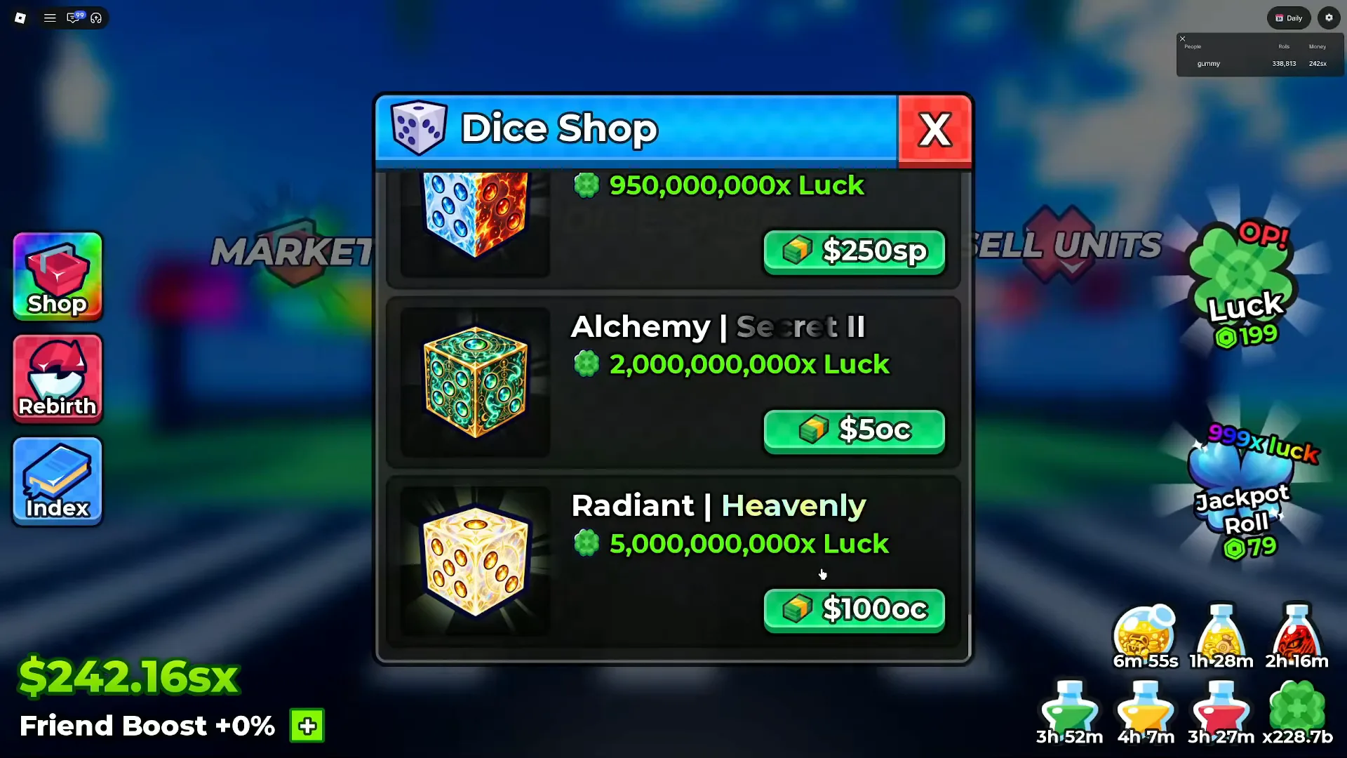 The Anime Dice UPD 6 Dice Shop panel reading top to bottom a cut-off row at 950,000,000x Luck priced $250sp, Alchemy with the Secret II tag at 2,000,000,000x Luck priced $5oc, and Radiant with the Heavenly tag at 5,000,000,000x Luck priced $100oc, with the HUD cash counter at $242.16sx