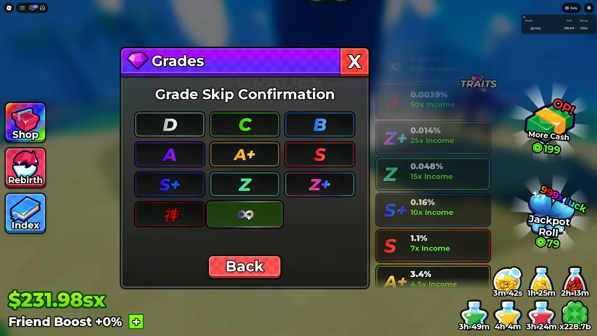 The Anime Dice Grade Skip Confirmation panel on the UPD 6 build showing eleven bordered buttons reading D, C, B, A, A+, S, S+, Z, Z+, a red Japanese kanji character and an infinity symbol, above a red Back button