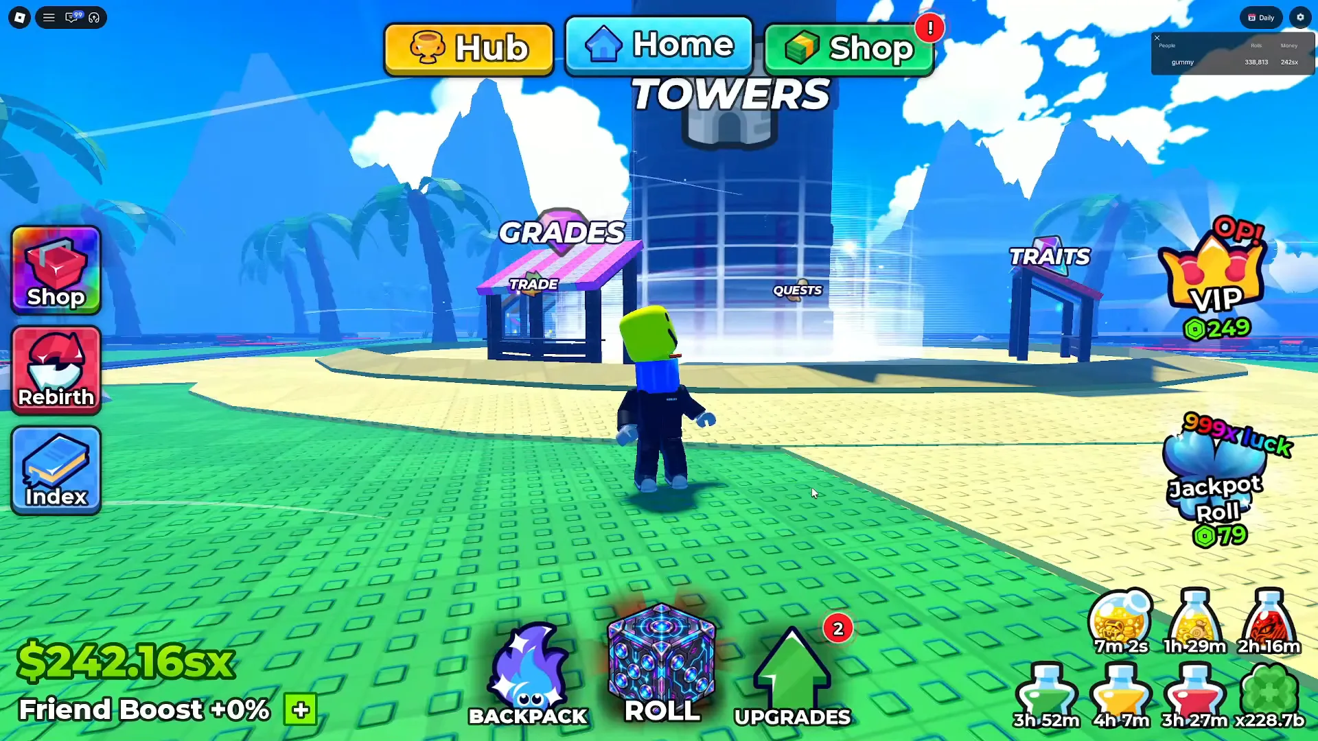 Anime Dice's UPD 6 hub as the client loads it, with the TOWERS title bar over the glass tower, the GRADES stall and its TRADE sign below it, QUESTS and TRAITS boards to the right, and the Shop, Rebirth and Index rail down the left edge of the screen