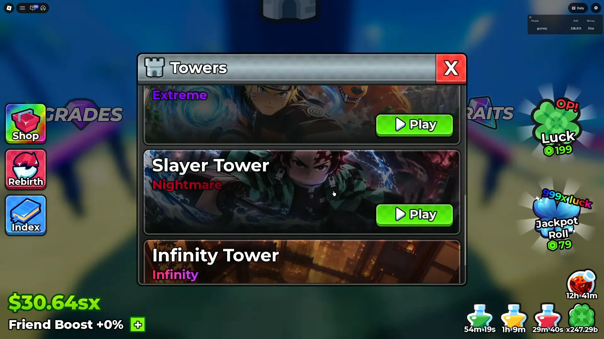 The Anime Dice Towers panel on the UPD 6 build listing a purple Extreme difficulty card whose name is scrolled past the panel edge, a Slayer Tower card marked Nightmare in red, and an Infinity Tower card marked Infinity in magenta, each with a green Play button