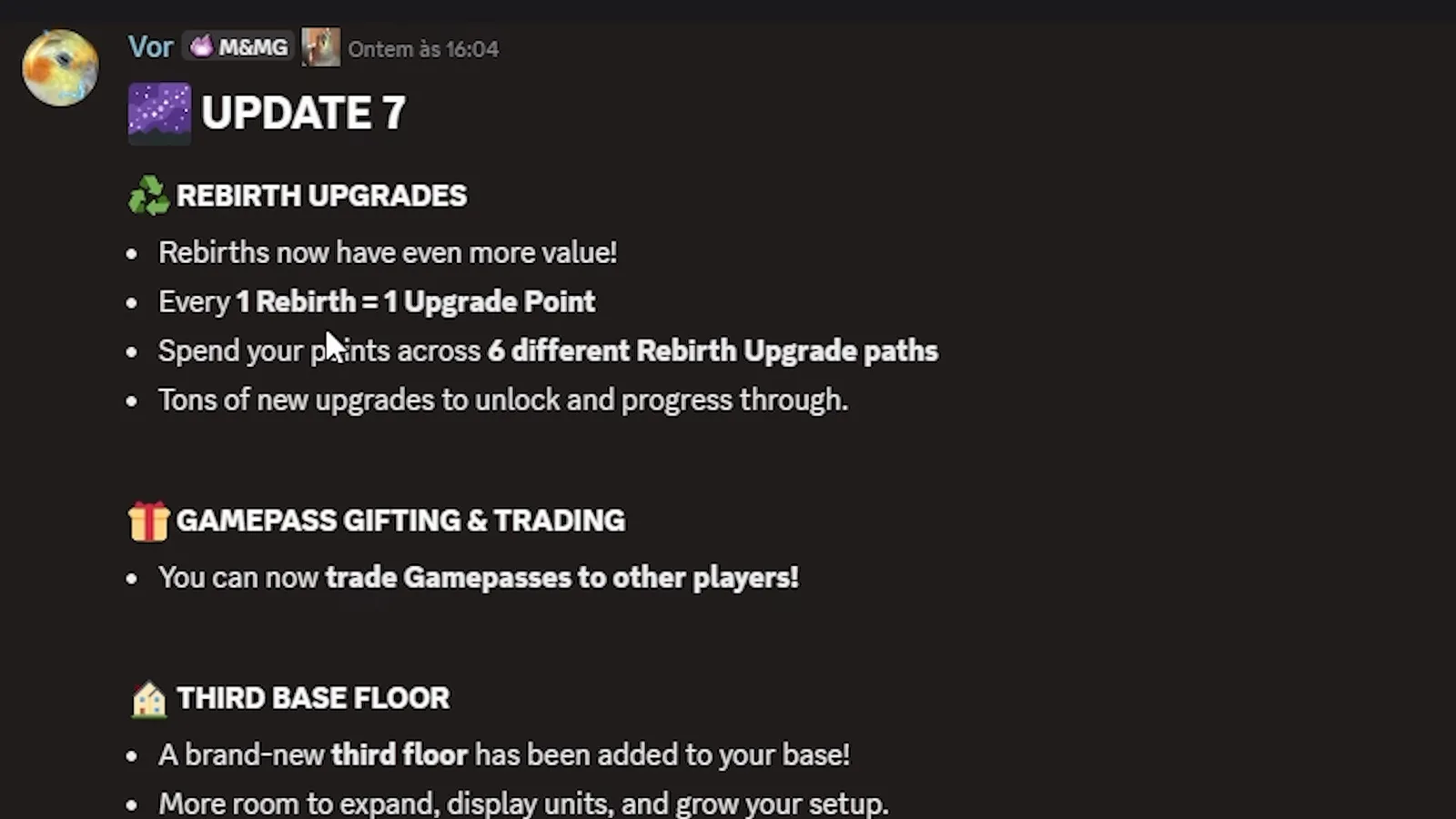A screenshot of the developer's Discord post headed UPDATE 7 shown on screen during an Anime Dice recording, its first section reading REBIRTH UPGRADES with the lines Rebirths now have even more value, Every 1 Rebirth = 1 Upgrade Point, Spend your points across 6 different Rebirth Upgrade paths and Tons of new upgrades to unlock and progress through
