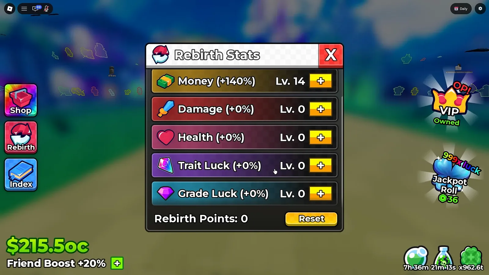 The same Rebirth Stats panel scrolled down after spending, now showing Money at plus 140 percent Lv. 14 with Damage, Health, Trait Luck and Grade Luck all at Lv. 0 and the Rebirth Points counter reading 0
