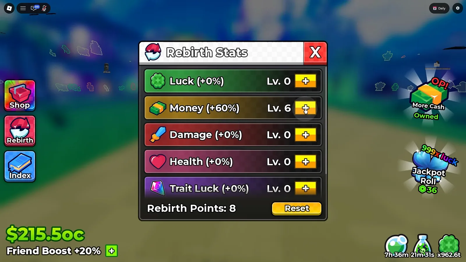 The Anime Dice Rebirth Stats panel in the UPD 7 build, listing six upgrade rows reading Luck at plus 0 percent Lv. 0, Money at plus 60 percent Lv. 6, Damage at plus 0 percent Lv. 0, Health at plus 0 percent Lv. 0 and Trait Luck at plus 0 percent Lv. 0, with Rebirth Points 8 and a Reset button beneath them