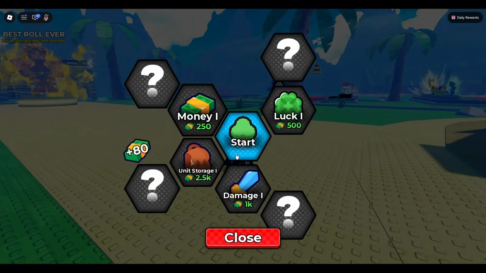 The tree grows outward from one Start node; the four named tier-I branches are the only ones you can touch at first Anime Dice Upgrades honeycomb freshly opened, showing a central teal Start hex ringed by Money I, Luck I, Unit Storage I and Damage I nodes with four grey question-mark hexes marking locked positions