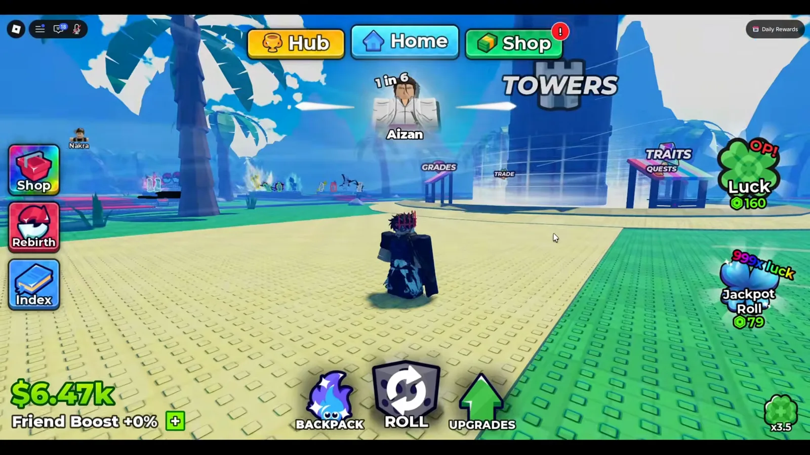 The tree has no portal or NPC — you open it from the UPGRADES arrow on the main HUD Roblox Anime Dice home plot with the glowing green UPGRADES arrow button at the bottom centre between the BACKPACK and ROLL buttons