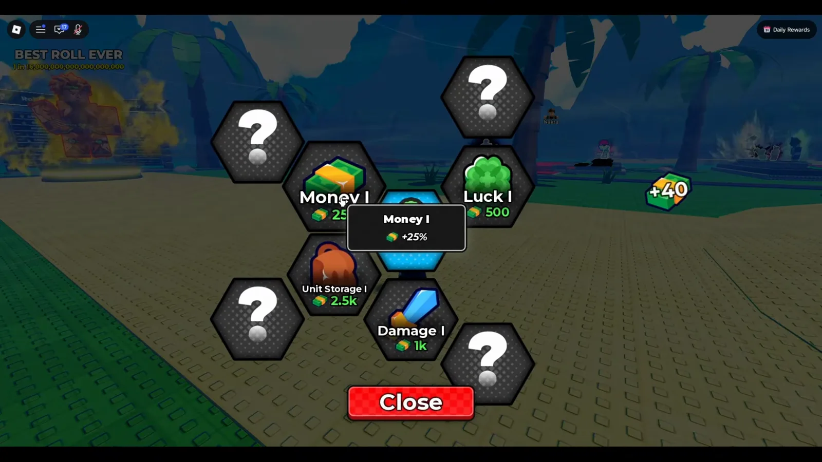 Hover a node and it tells you the number: Money I is a flat +25% Anime Dice Upgrades tree with the cursor hovering the Money I node, its black tooltip printing the words Money I and a plus 25 percent cash effect beside the Luck I and Damage I hexes