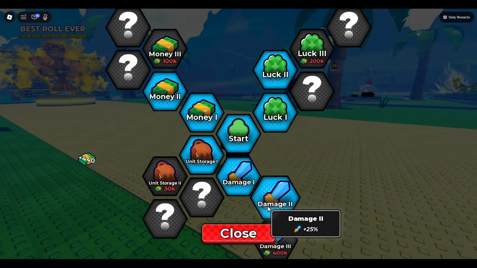 Buy the tier-I nodes and the "?" hexes resolve into tier-II and tier-III upgrades, each priced far higher Anime Dice Upgrades tree after several purchases, now showing tier-II and tier-III nodes — Money III at 100k, Luck III at 200k, Unit Storage II at 50k and Damage III at 400k — with the cursor on Damage II printing a plus 25 percent tooltip